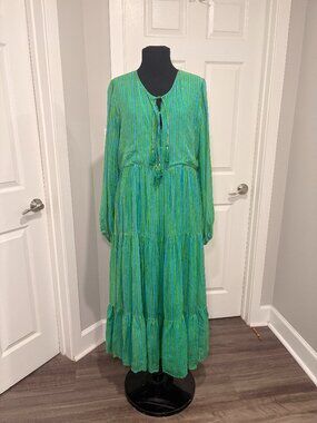 Oliphant Cuff Bell Sleeve Waist Tie Maxi with pockets, Green/Blue Stripes, Sz. S